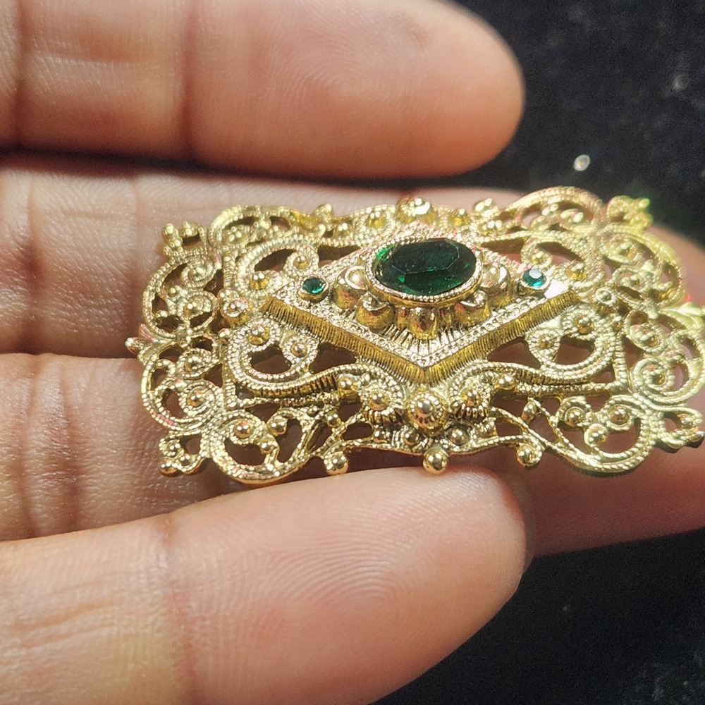 Vintage Gold Tone Filigree Brooch Emerald Green Rhinestone Rectangular Pin